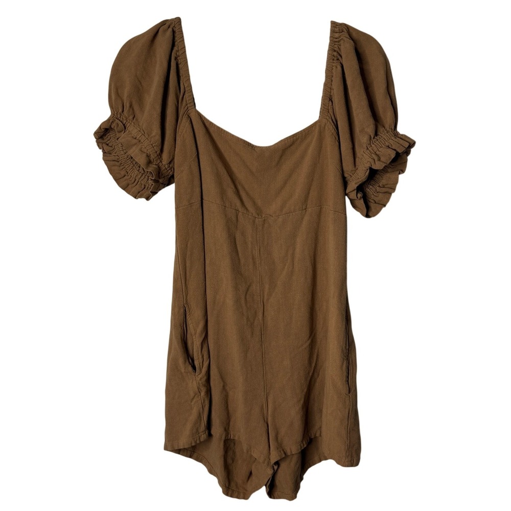 Shop Neighbor Tan Linen Blend Puff Sleeve Romper Button Back Womens Large